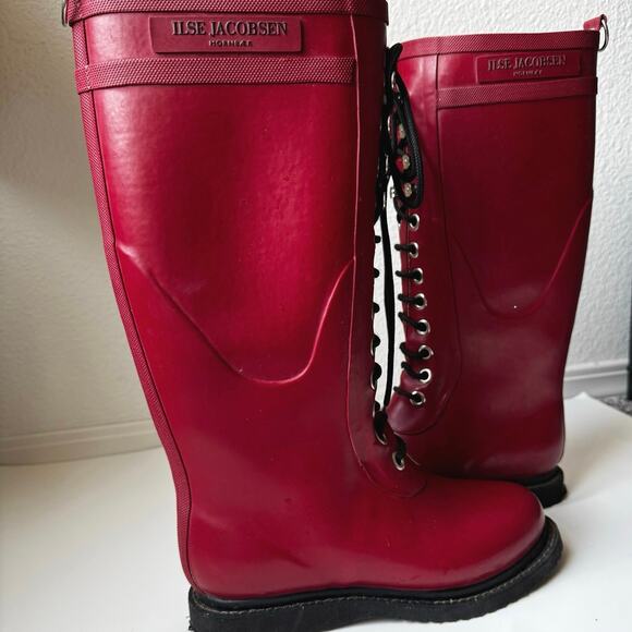 Ilse Jacobsen Hornbaek Tall Lace Up Red Rubber Boots Women’s 37 US 7 Handmade - Picture 2 of 12